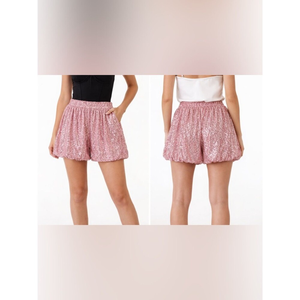 Endless Rose Pink Sequin Blouson Shorts NWT Size L Elastic Waist Party Holiday
